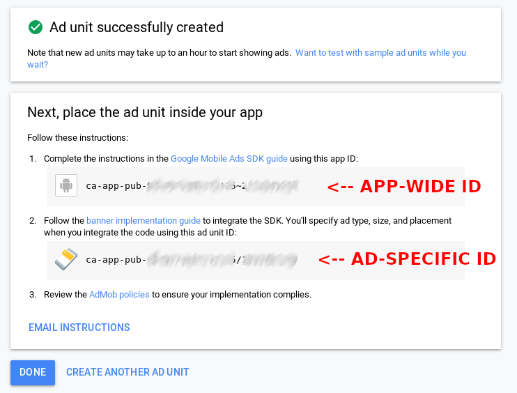 Screenshot of AdMob page after creating new ad