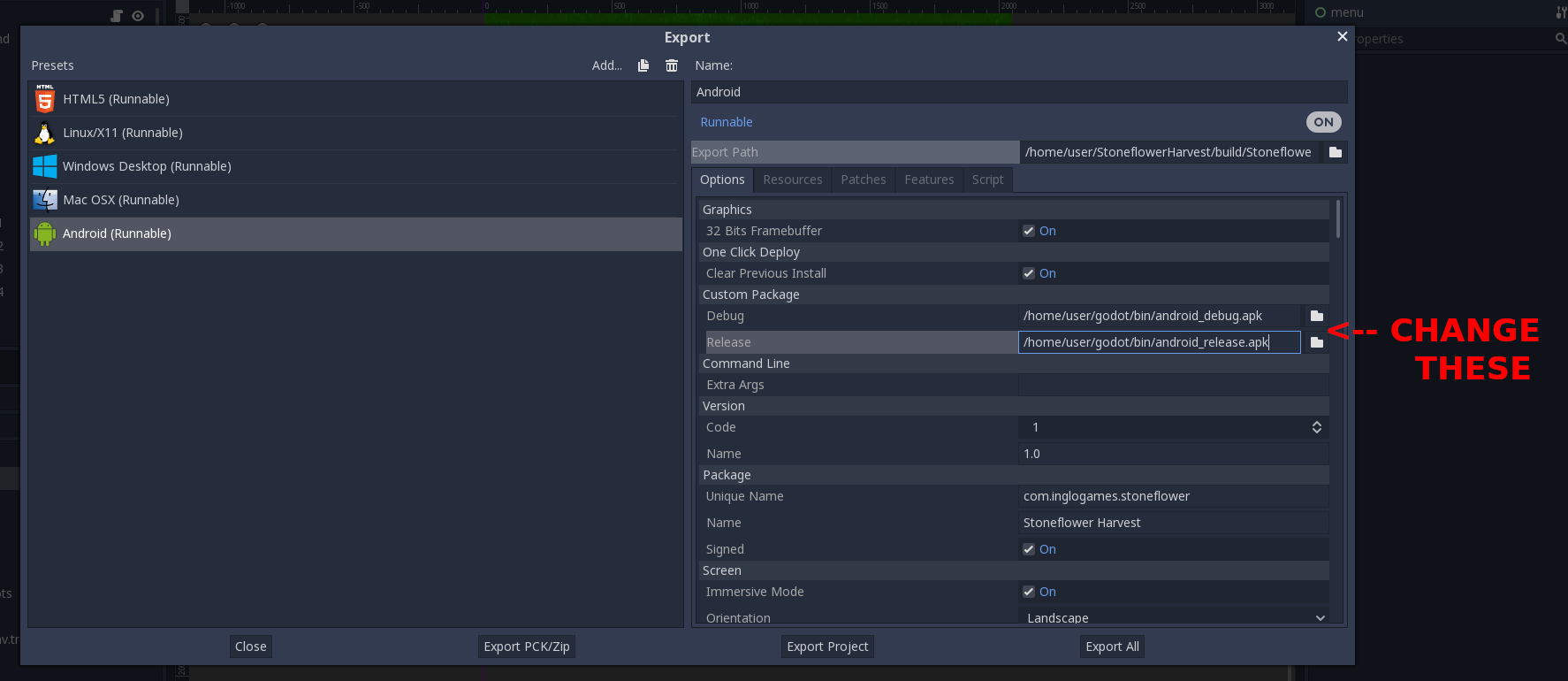 Screenshot of Godot's export dialog