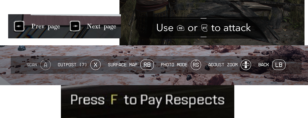 Input prompts from various games, including the infamous 'Press F to pay respects'